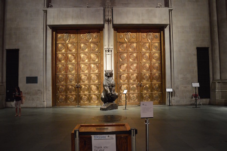 Ursus bear statue in front of Cathedral bronze doors