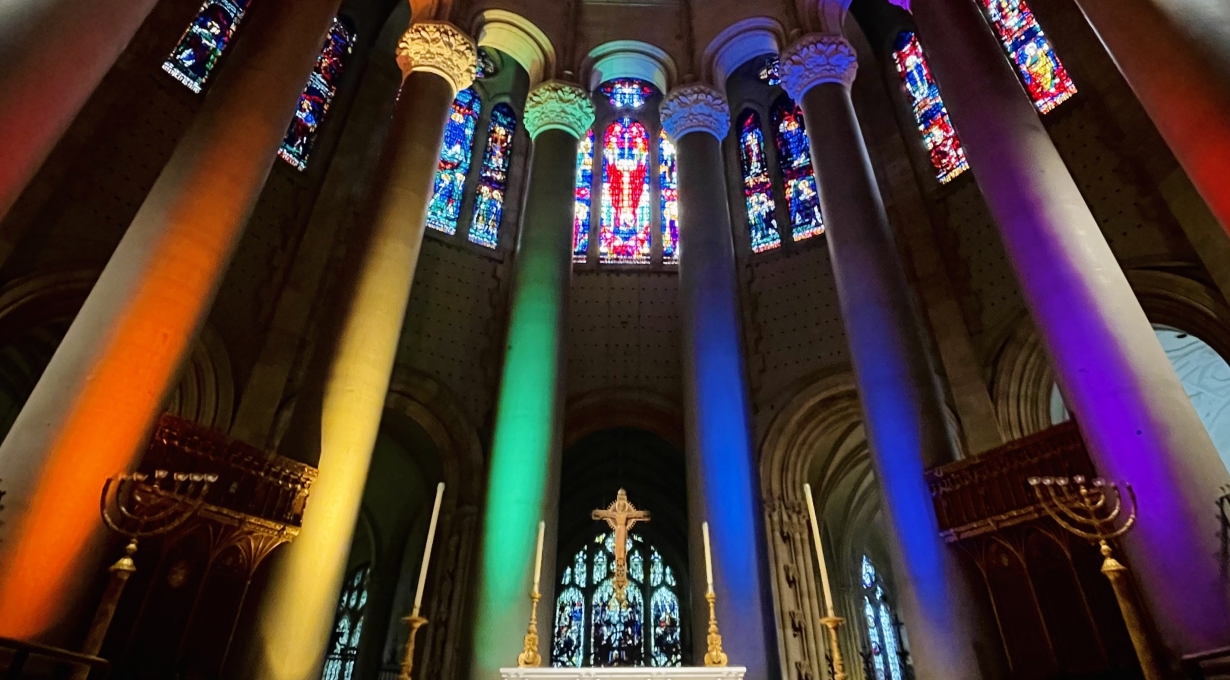 Cathedral of St. John the Divine Lights Up Columns for Pride Month 